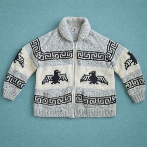 Vintage Cowichan Style Hand Knit Canadian Wool Zip Cardigan🇨🇦🍁🦅